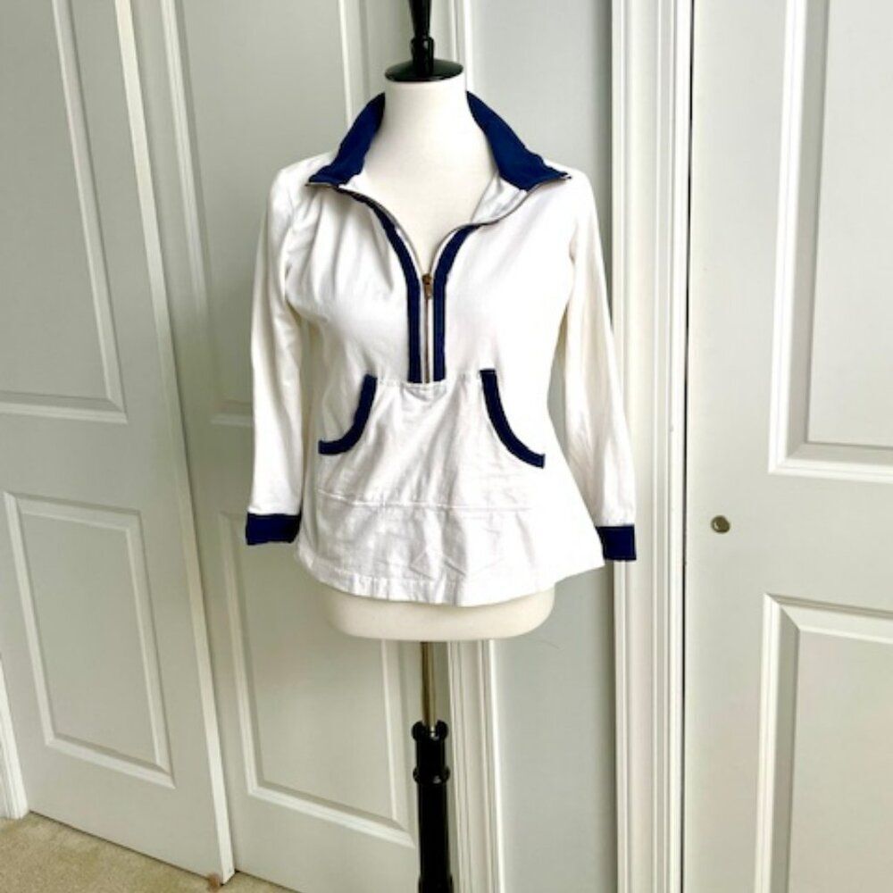 Duffield Lane White Blue Quarter Zip 3/4 Sleeves Stretchy Fabric Top XL